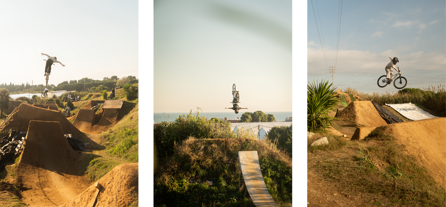Three sequential images of a person riding a bike over a dirt jump with a scenic background.
