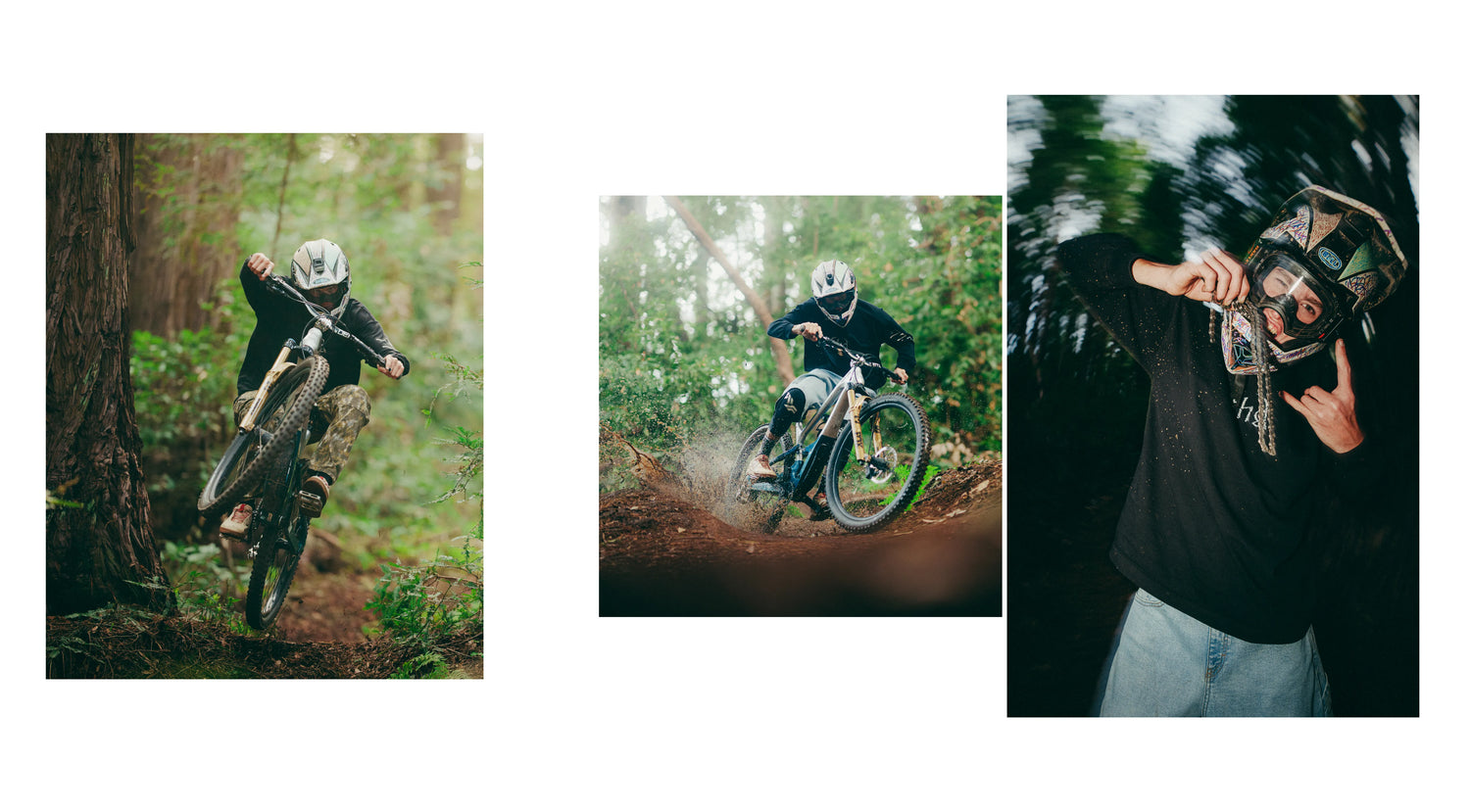 Three images of a person riding a mountain bike through a forest.