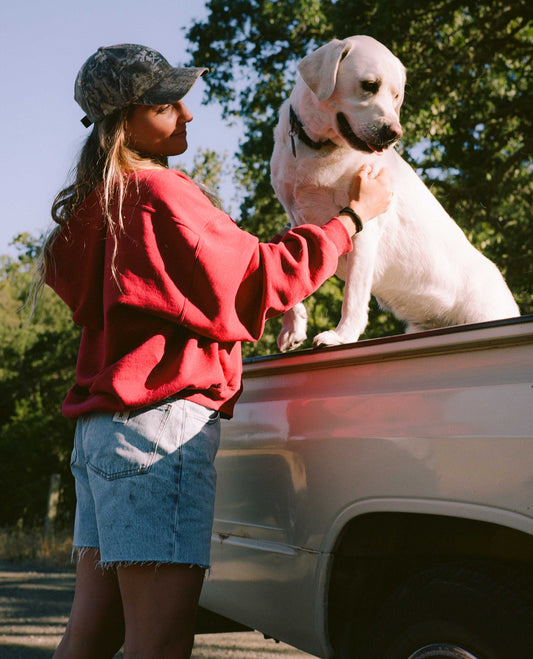 Girl in light blue denim shorts and red shirt, standing next to a truck and petting a dog.