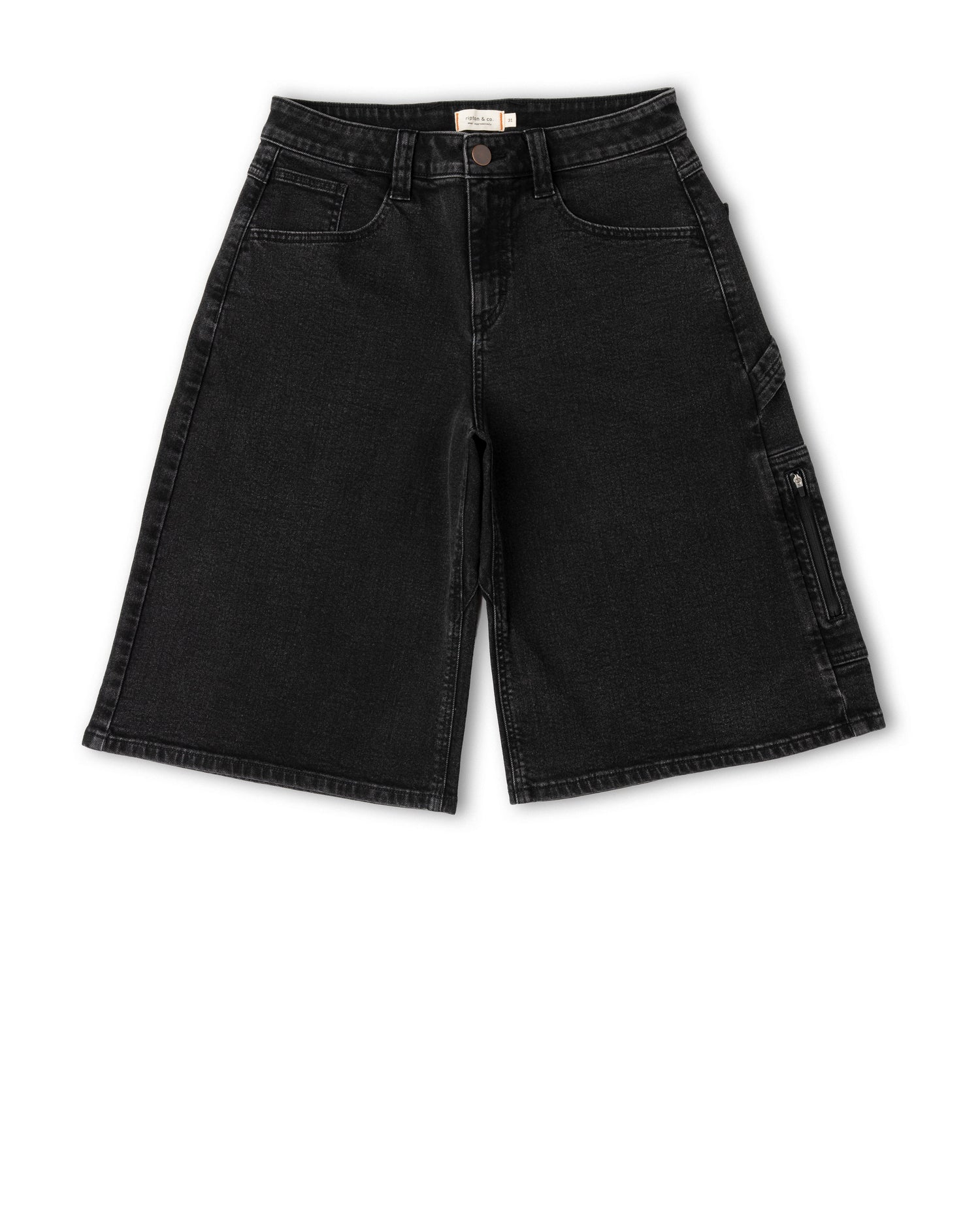 Black denim shorts on a white background