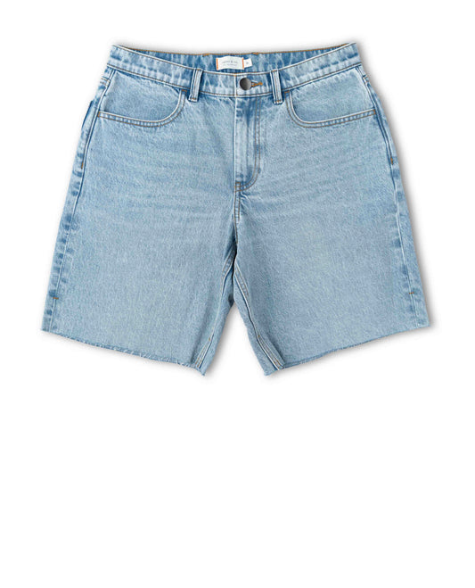 Front of light blue denim shorts on a white background