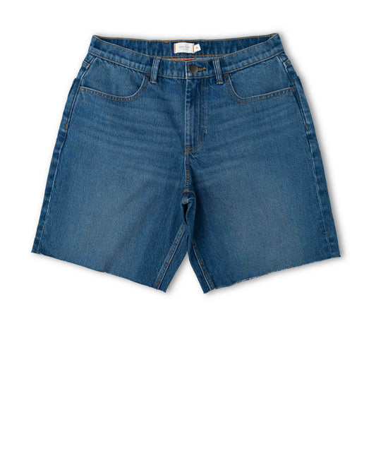 Front of blue denim shorts on white background.