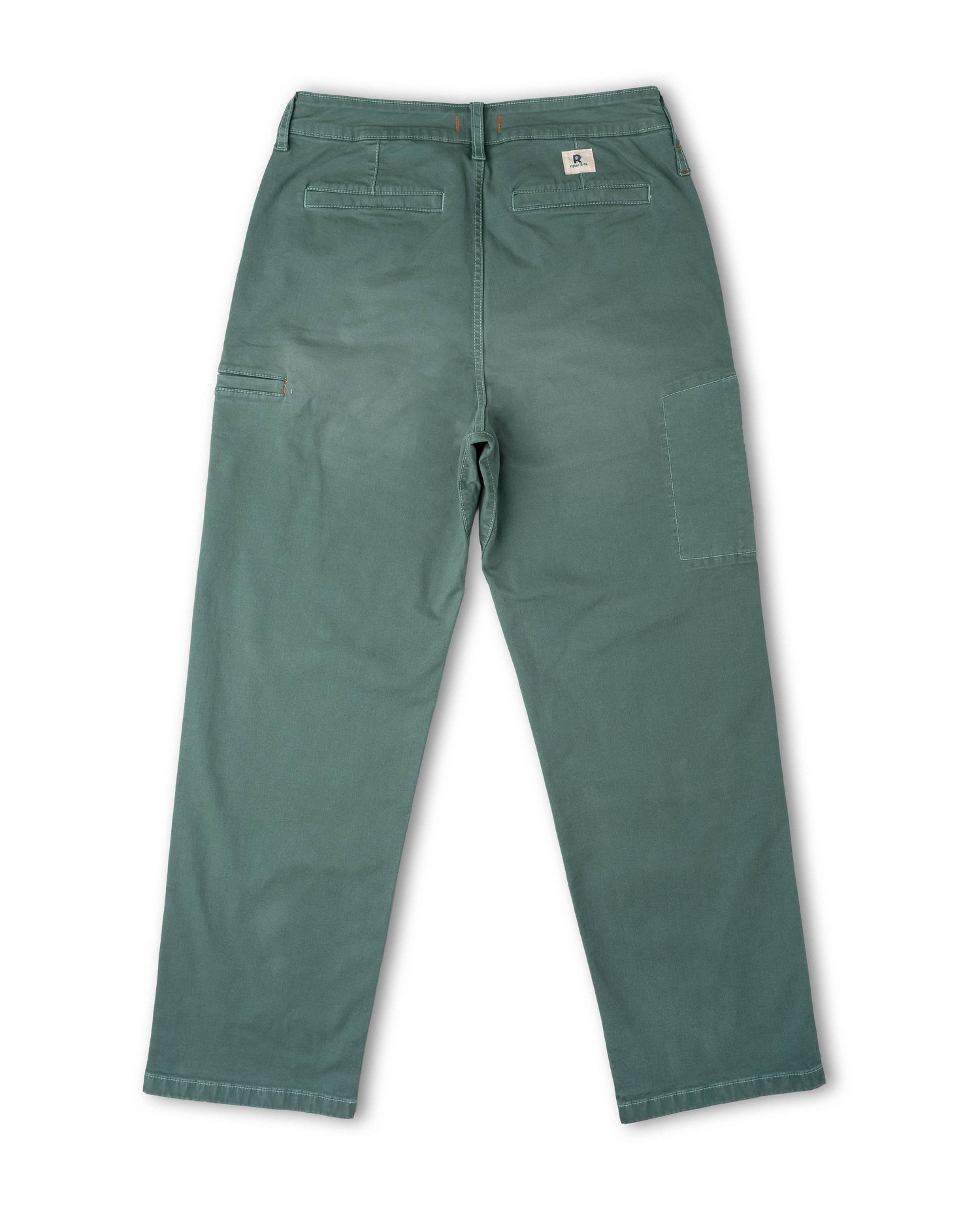 A pair of green canvas work pants shown from the back, featuring a button closure, belt loops, two back patch pockets, and side cargo pockets, laid flat on a white background.