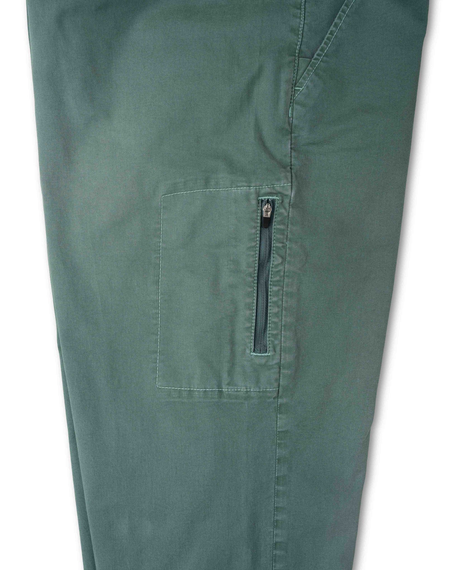Close-up of dark green pants showing a side cargo pocket with a vertical black zipper pull on a white background.