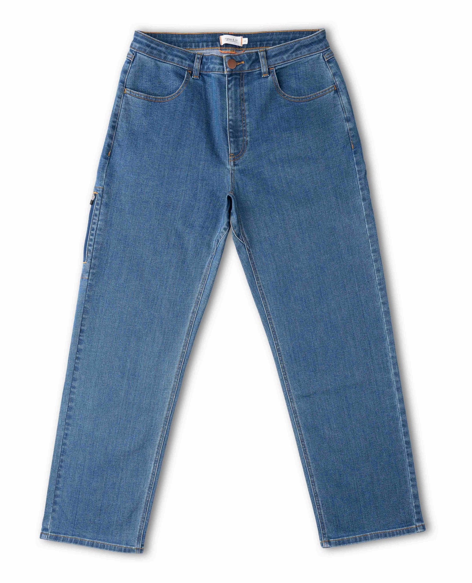 Medium wash jeans, front view, on white background.