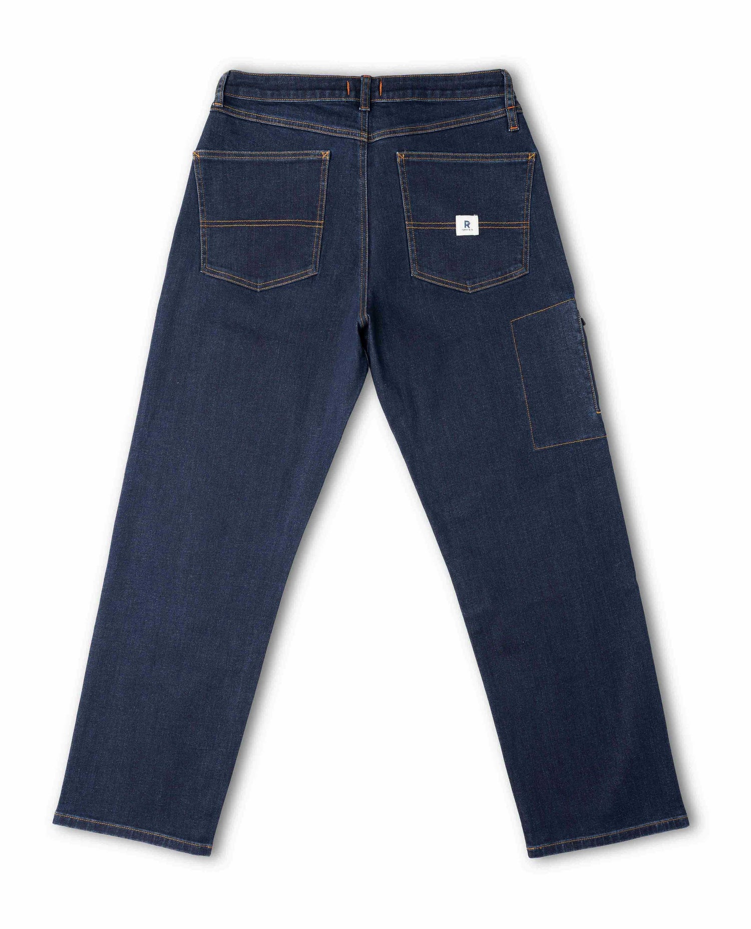 Dark wash jeans, back view, with zippered side pocket, on white background.