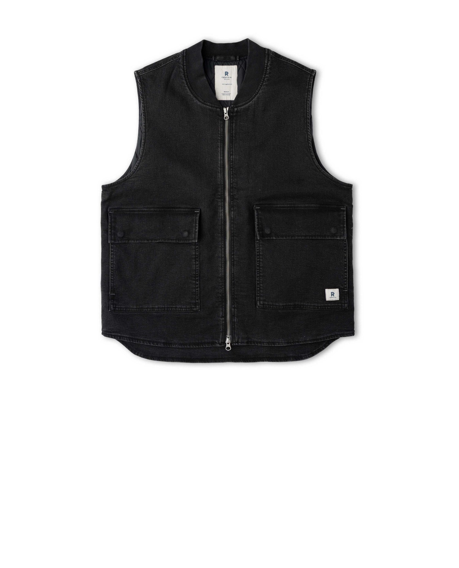 Black denim vest on white background