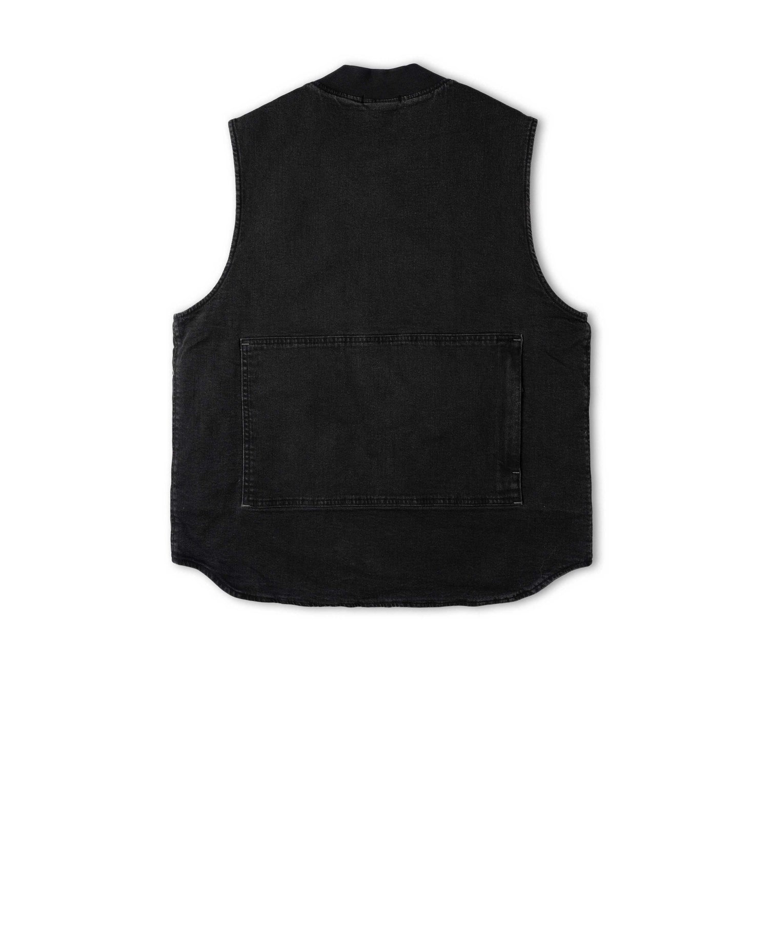 A black denim vest shown from the back on a white background