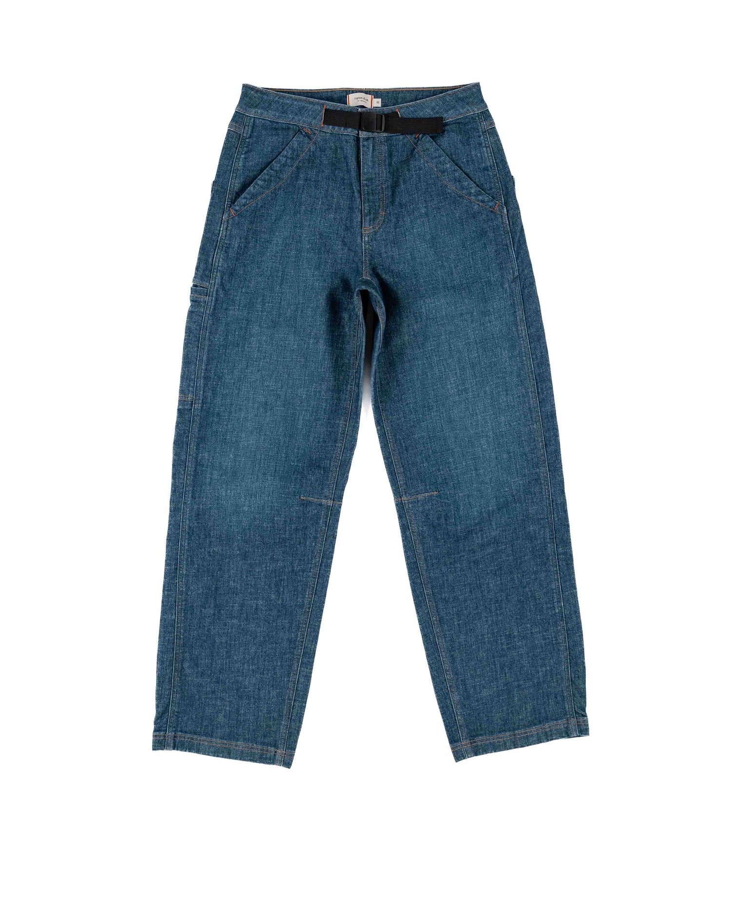 Blue jeans with a black belt on a white background