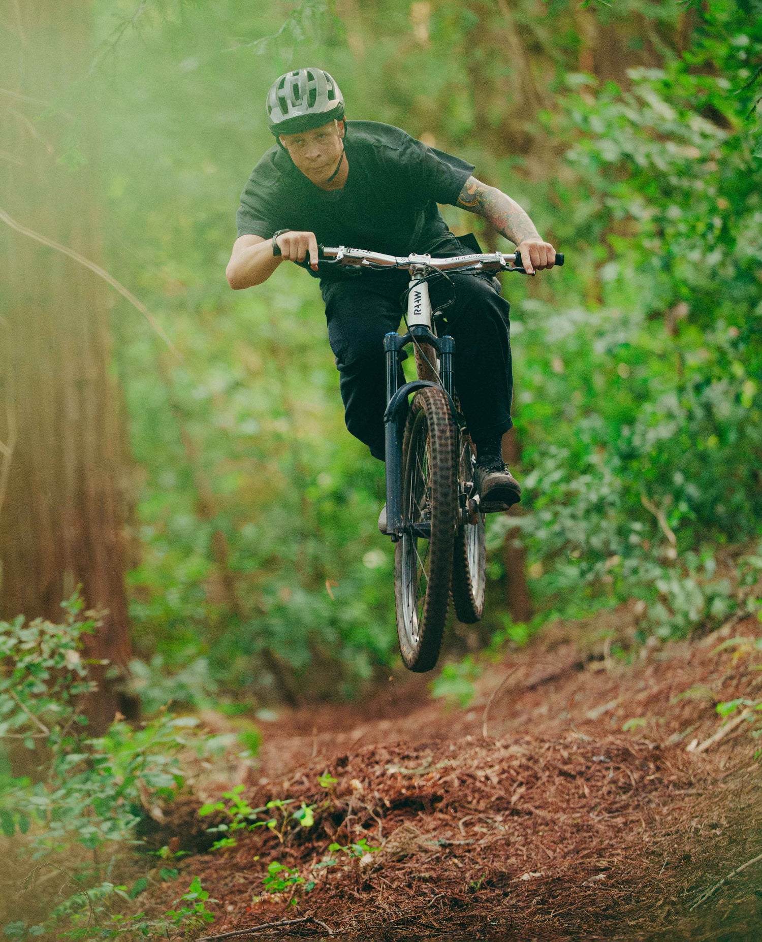 A mountain biker wearing a black shirt, black pants, and a gray helmet jumps a black mountain bike over a dirt trail in a dense green forest.