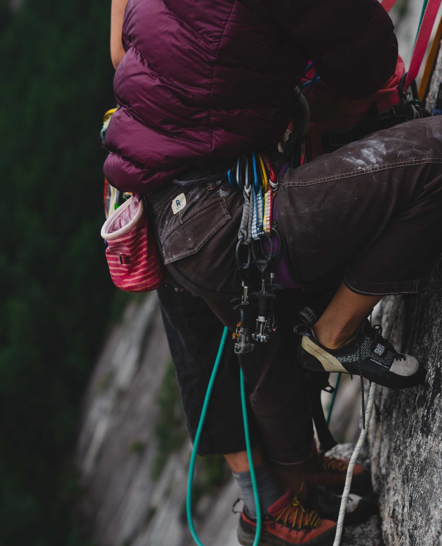 A close up of brown pants on a rock climber with a harness and purple jacket.