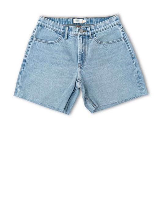 Front of light blue denim shorts on a white background.