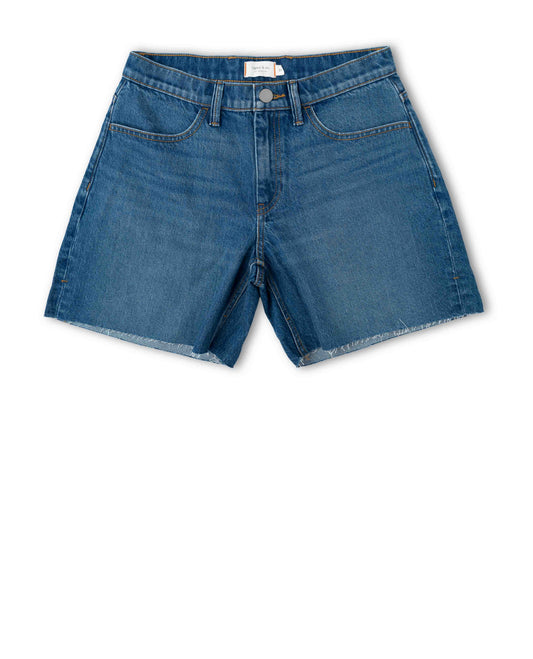 Front of blue denim shorts on a white background.