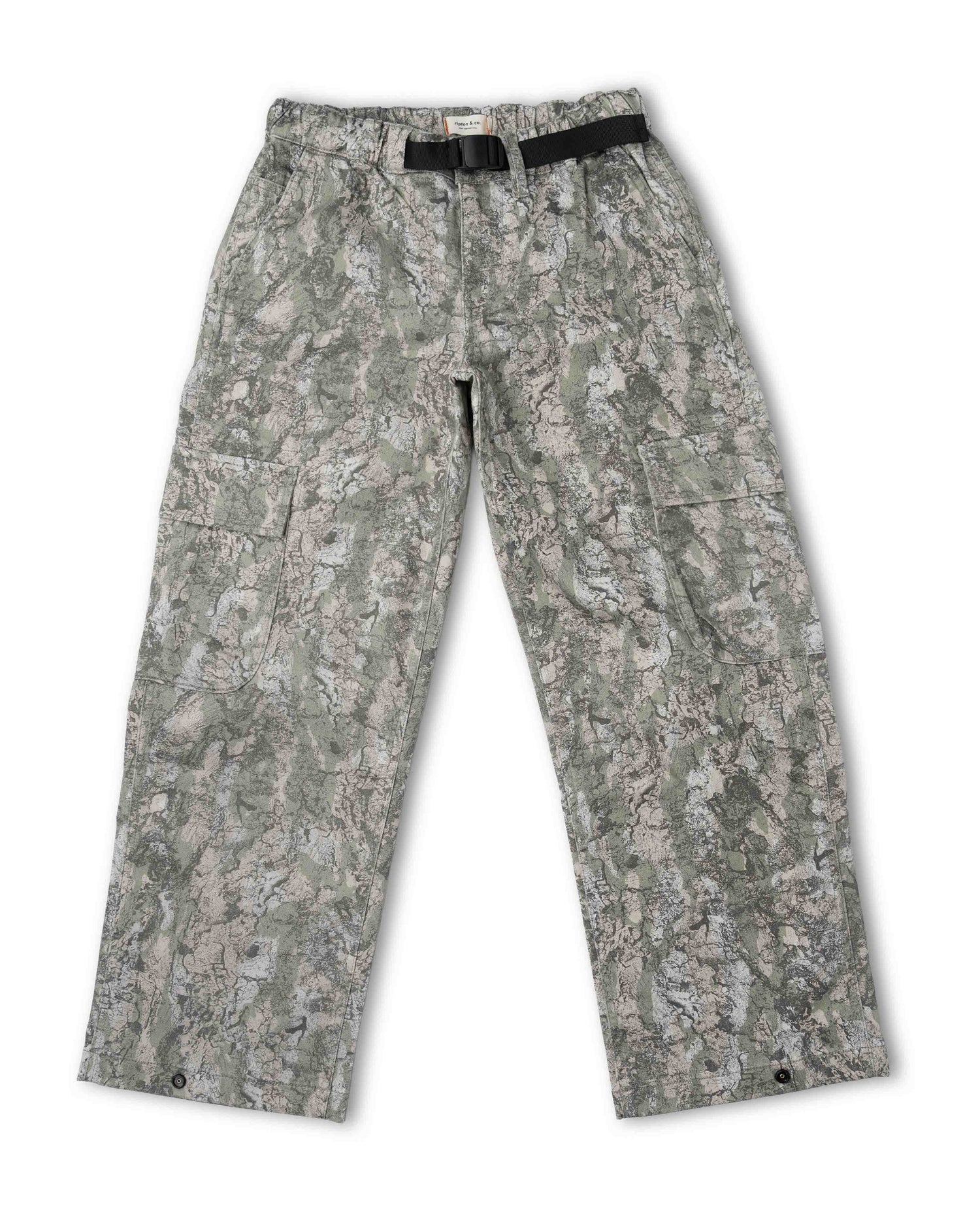 Camouflage pants with a black belt on a white background