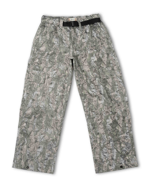 Camouflage pants with a black belt on a white background