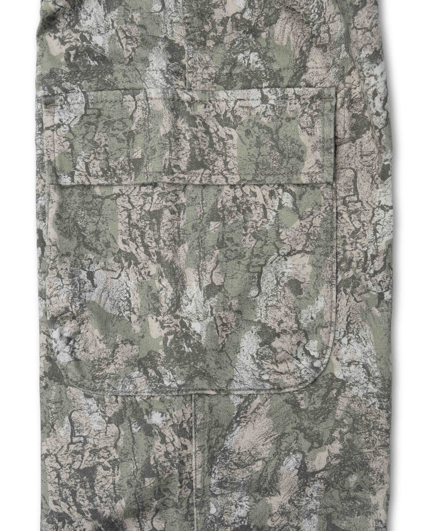 Camouflage-patterned fabric with a detailed design on a white background