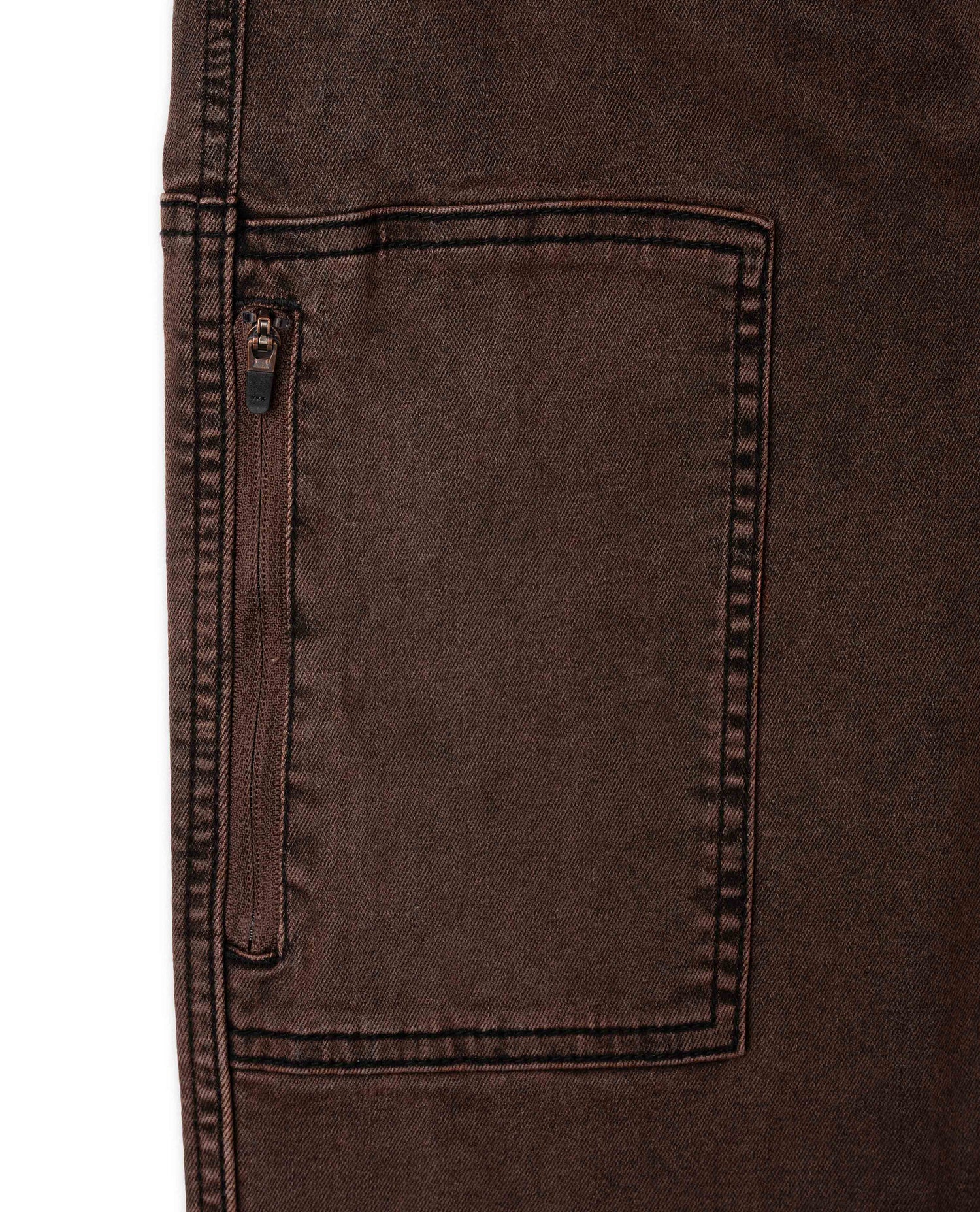 Close-up of a brown pocket on a garment with a white background