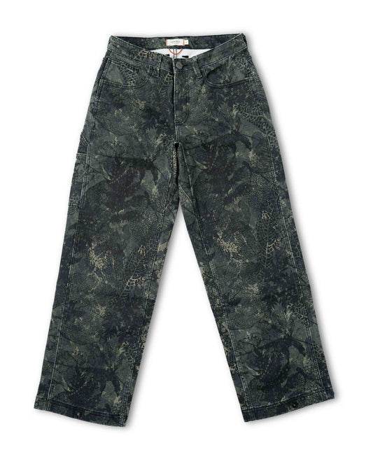 Studio photo of the front of green dark leaf camo pants on white background