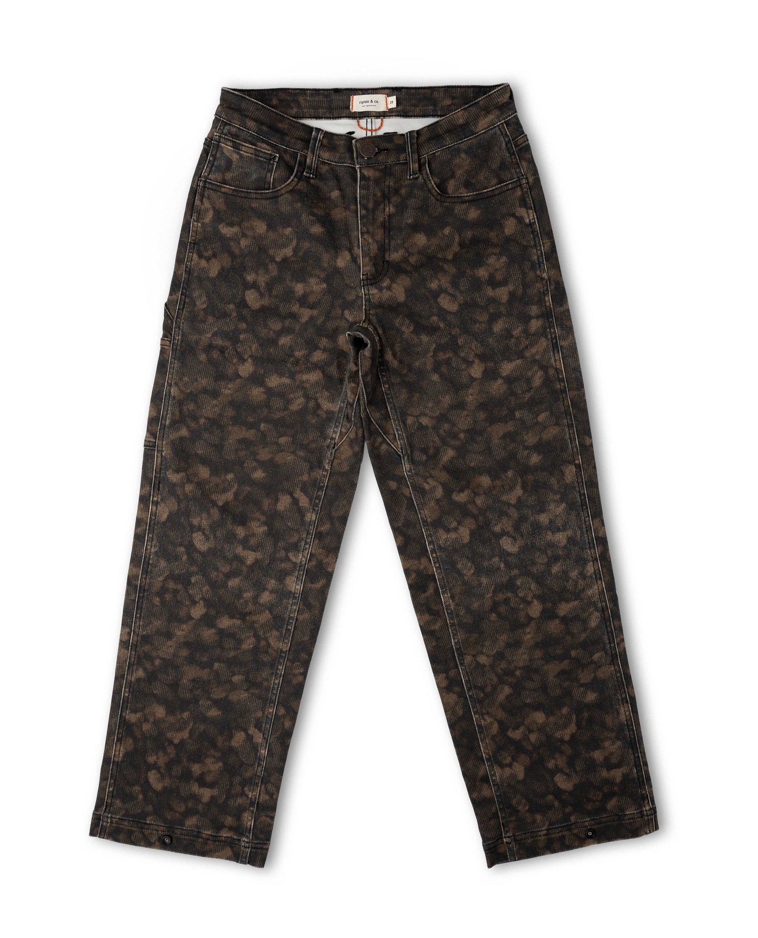 A pair of dark brown and black acid-wash jeans with a mottled, distressed pattern, laid flat against a white background.
