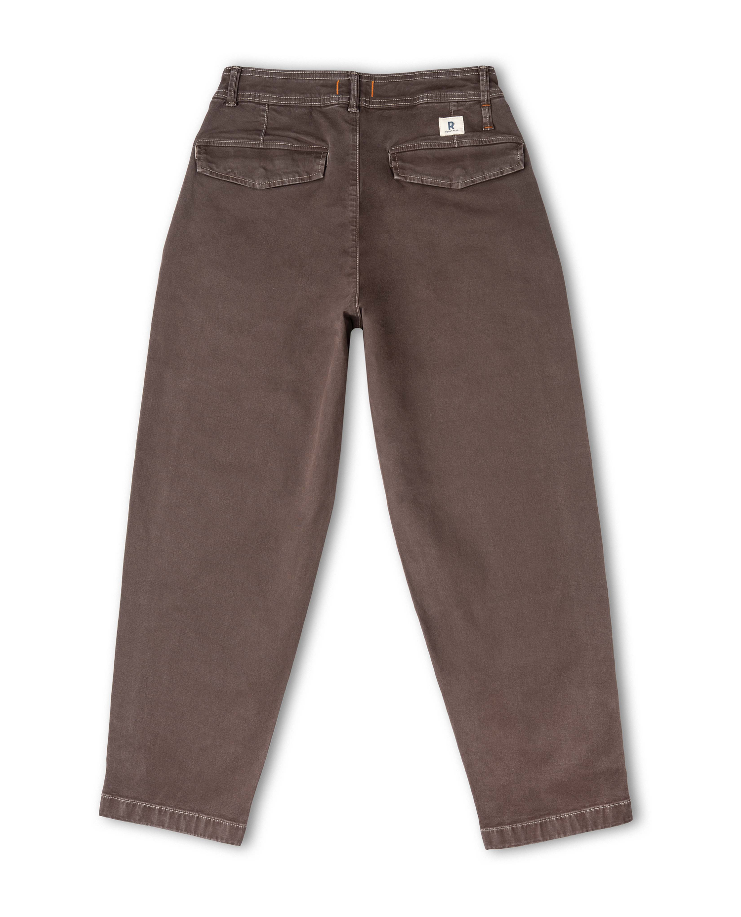 A pair of brown pants with white stitching shown from the back, featuring a high waist, belt loops, two back pockets, and a small white brand label on the right pocket, set against a plain white background.