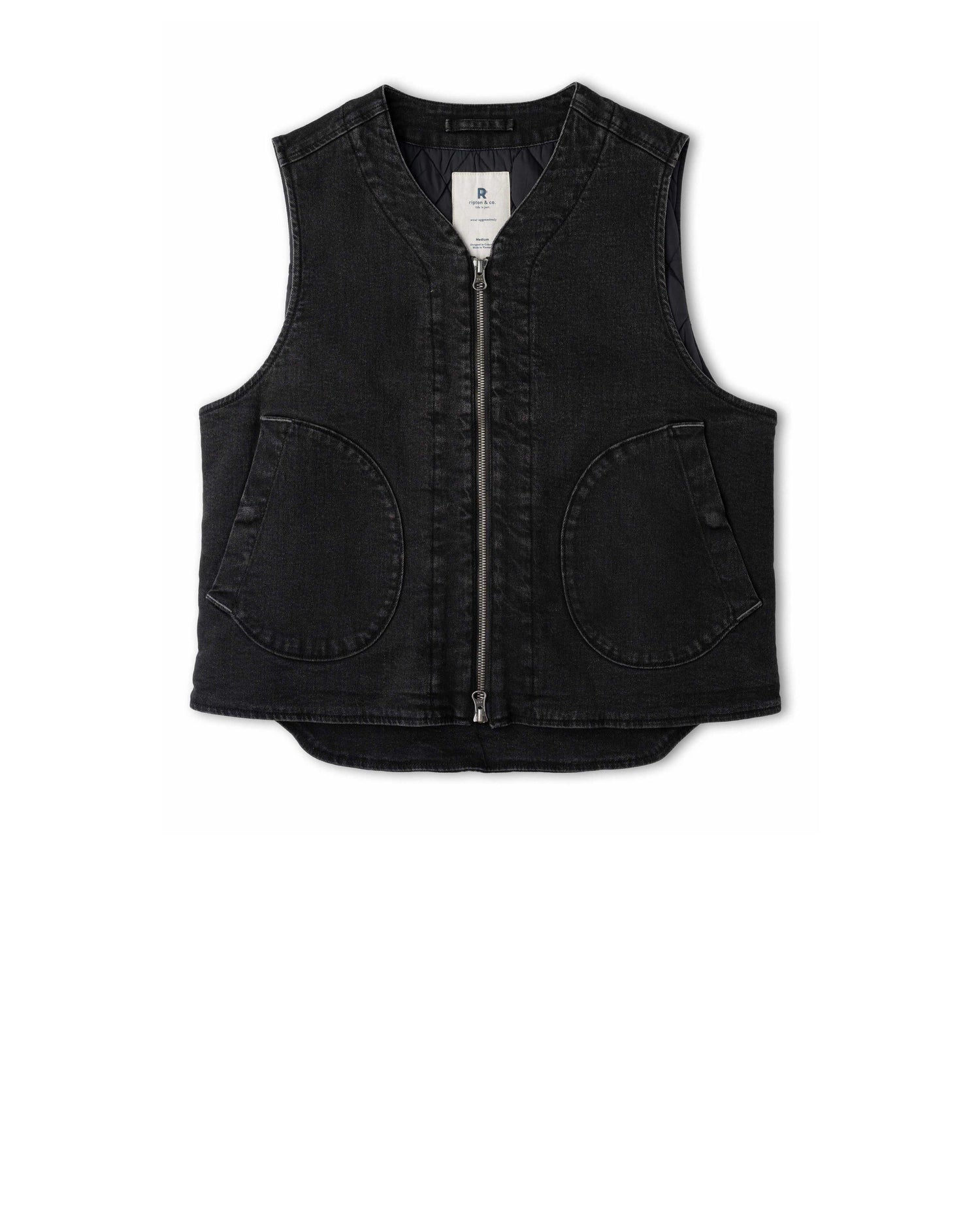 Black denim vest on white background