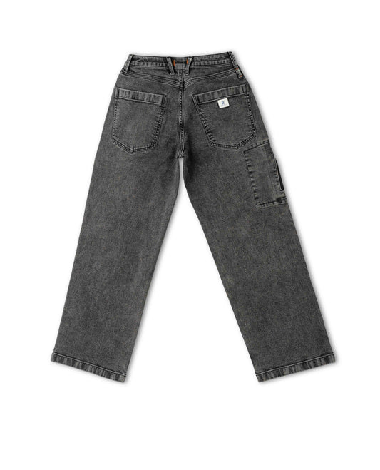 Black denim jeans on a white background