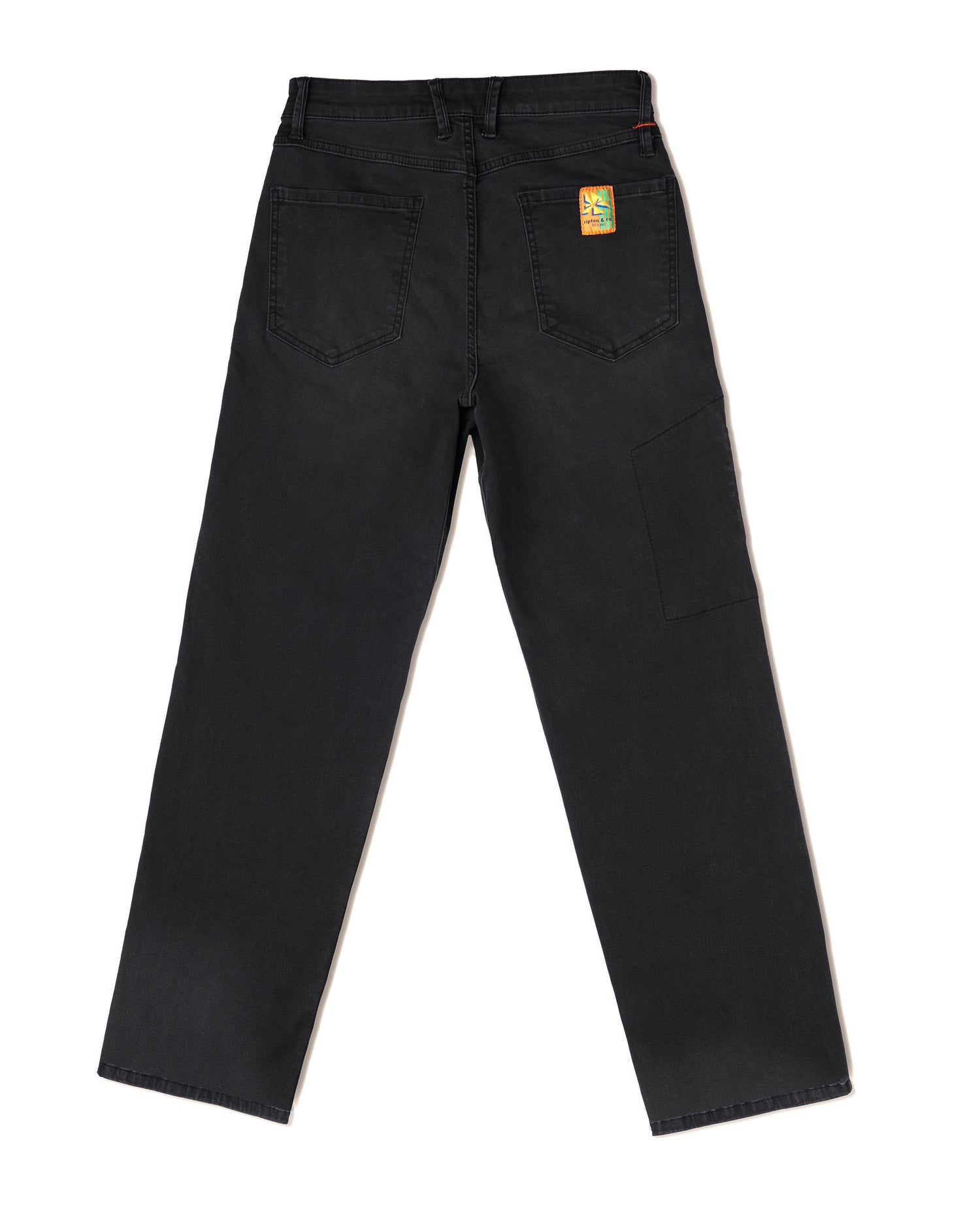 Black pants with a brand logo on a white background