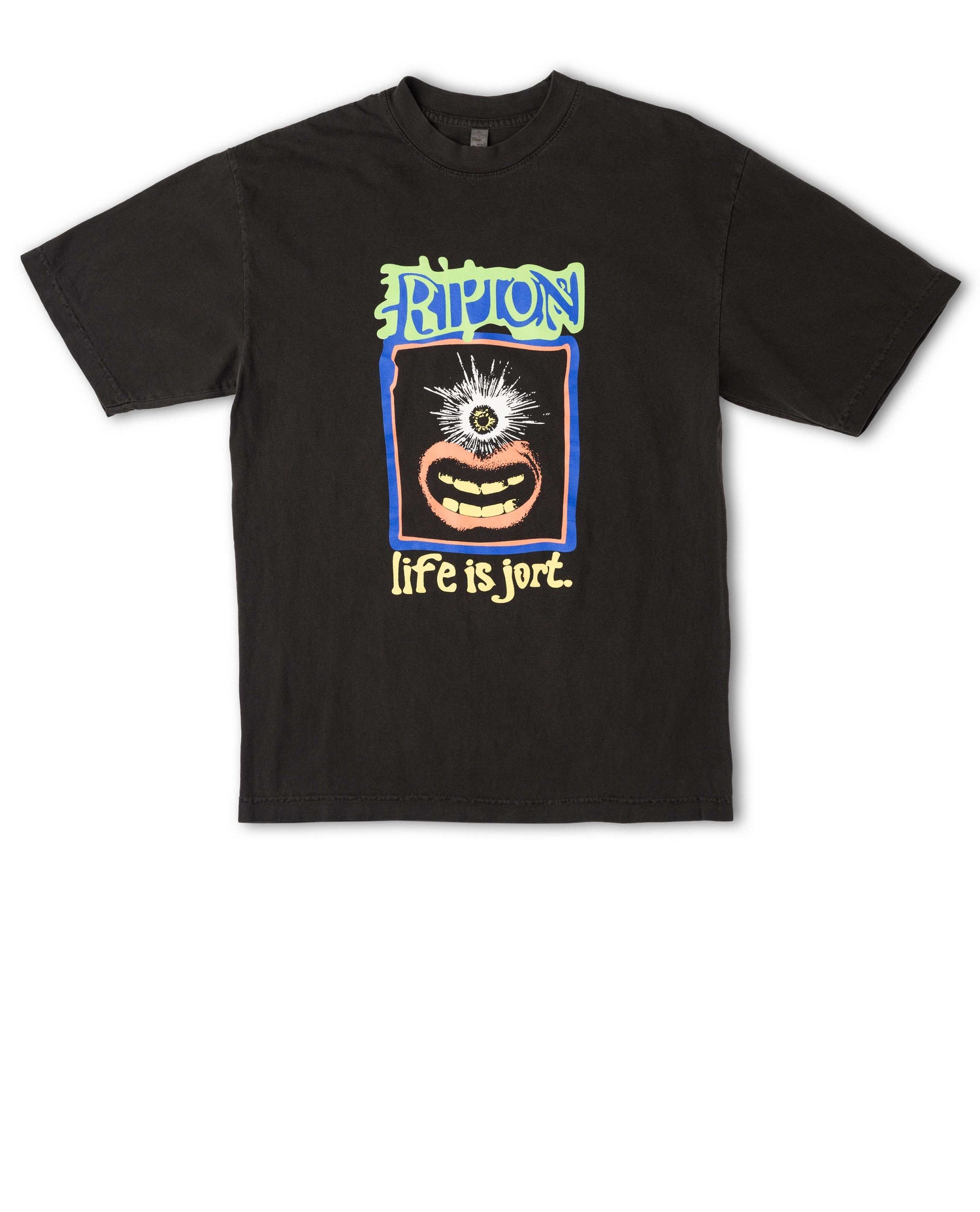 Black t-shirt with colorful graphic design on a white background