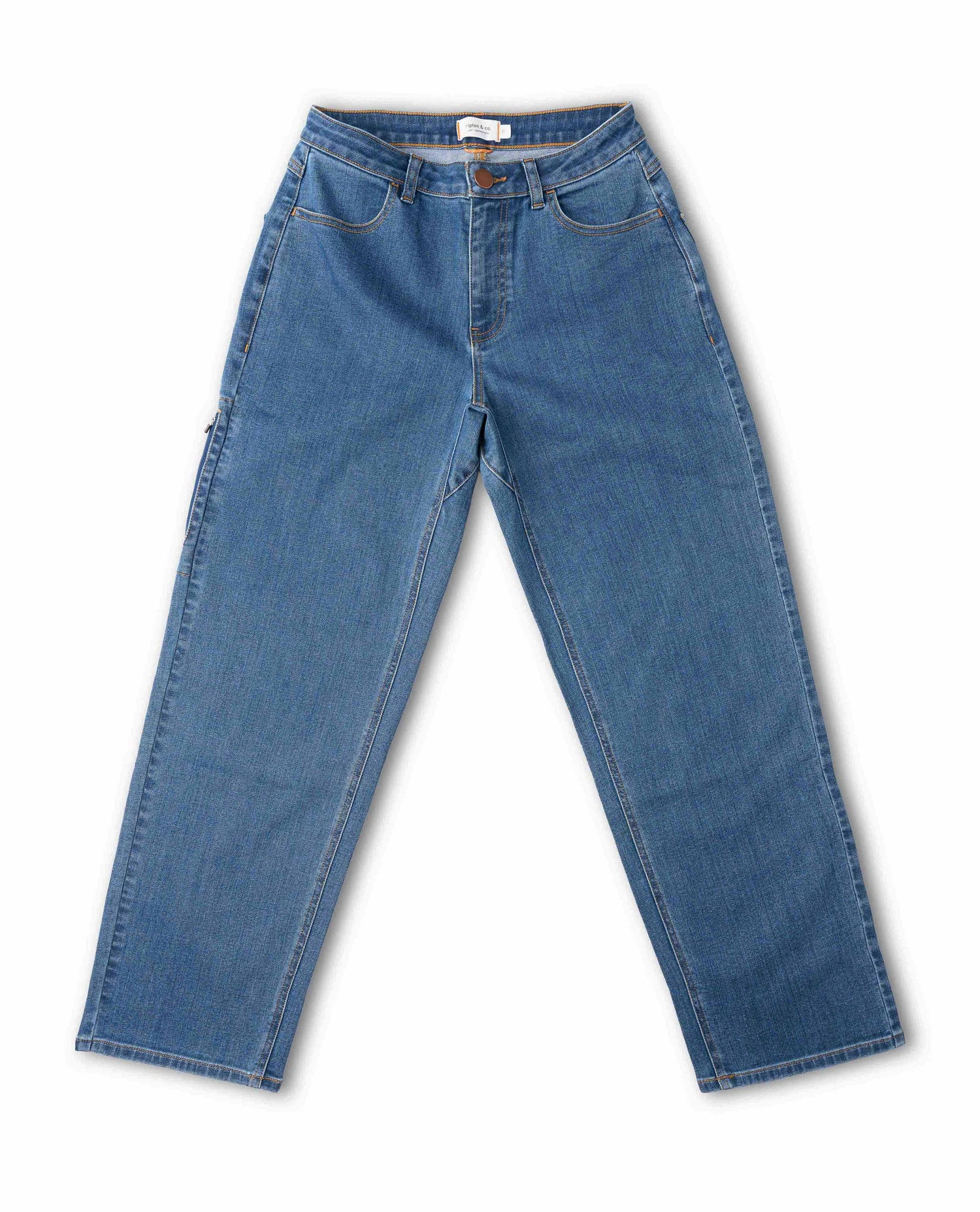 Medium wash jeans, front view, on white background.