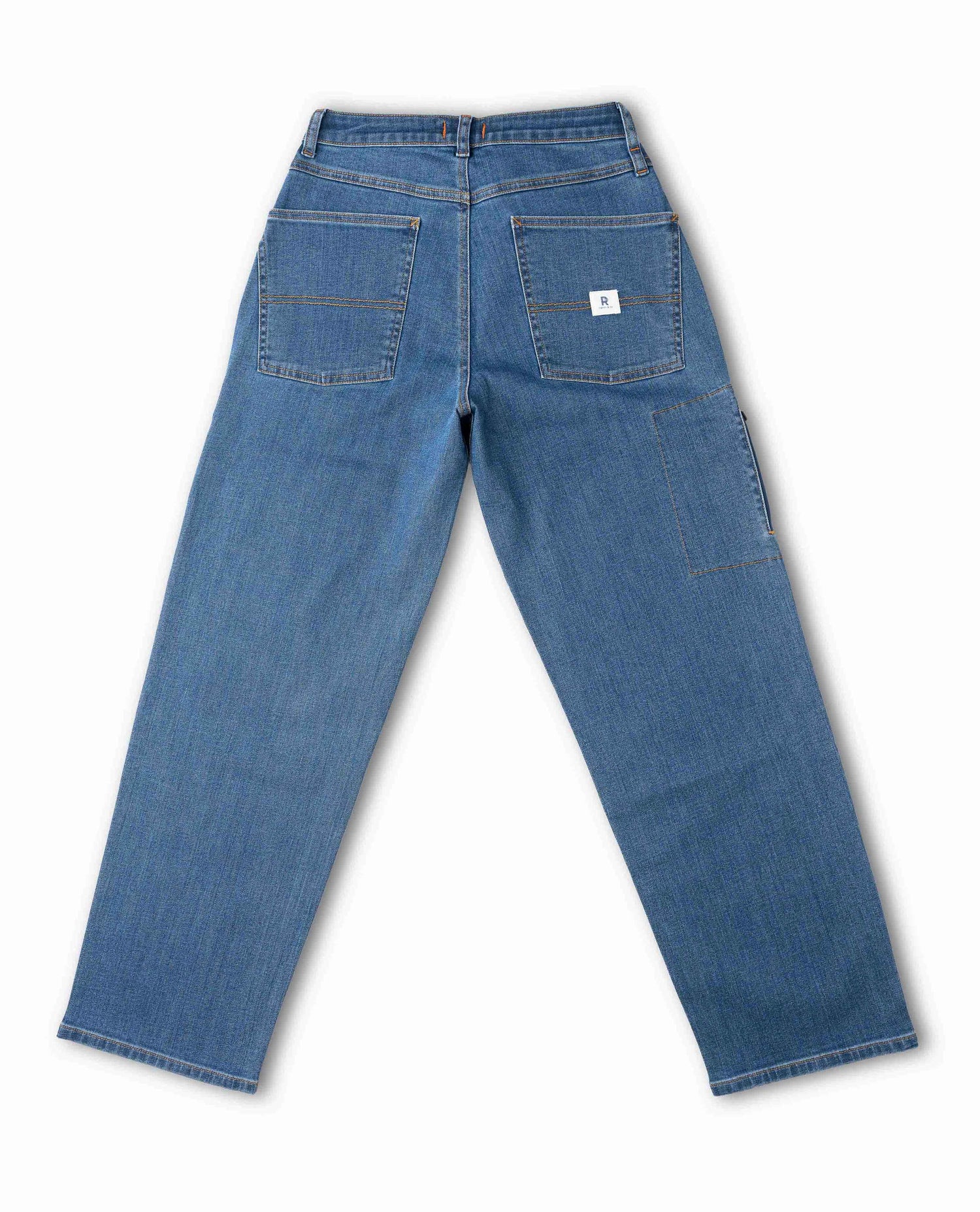 Medium wash jeans, back view, on white background.