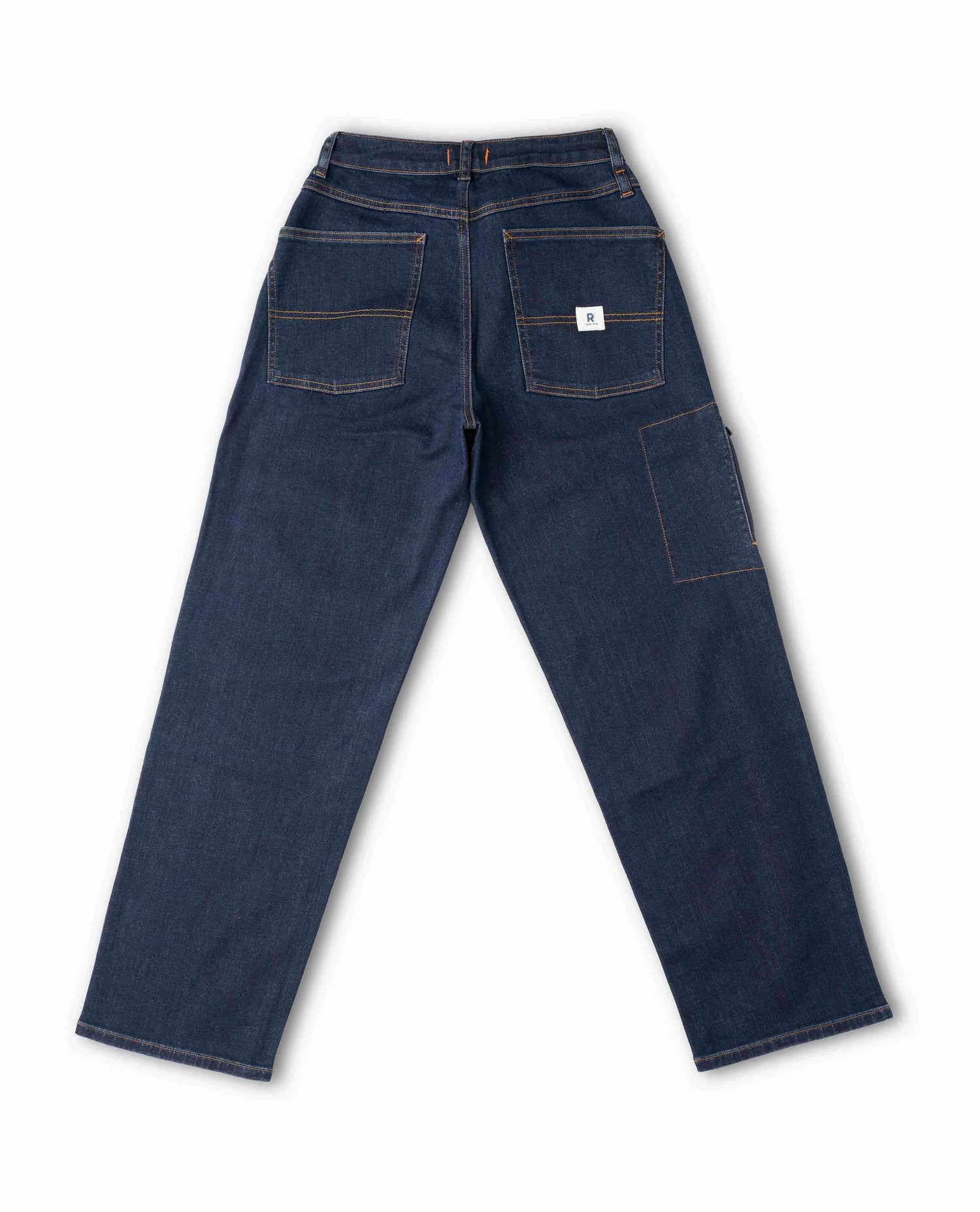 Dark wash jeans, back view, on white background,